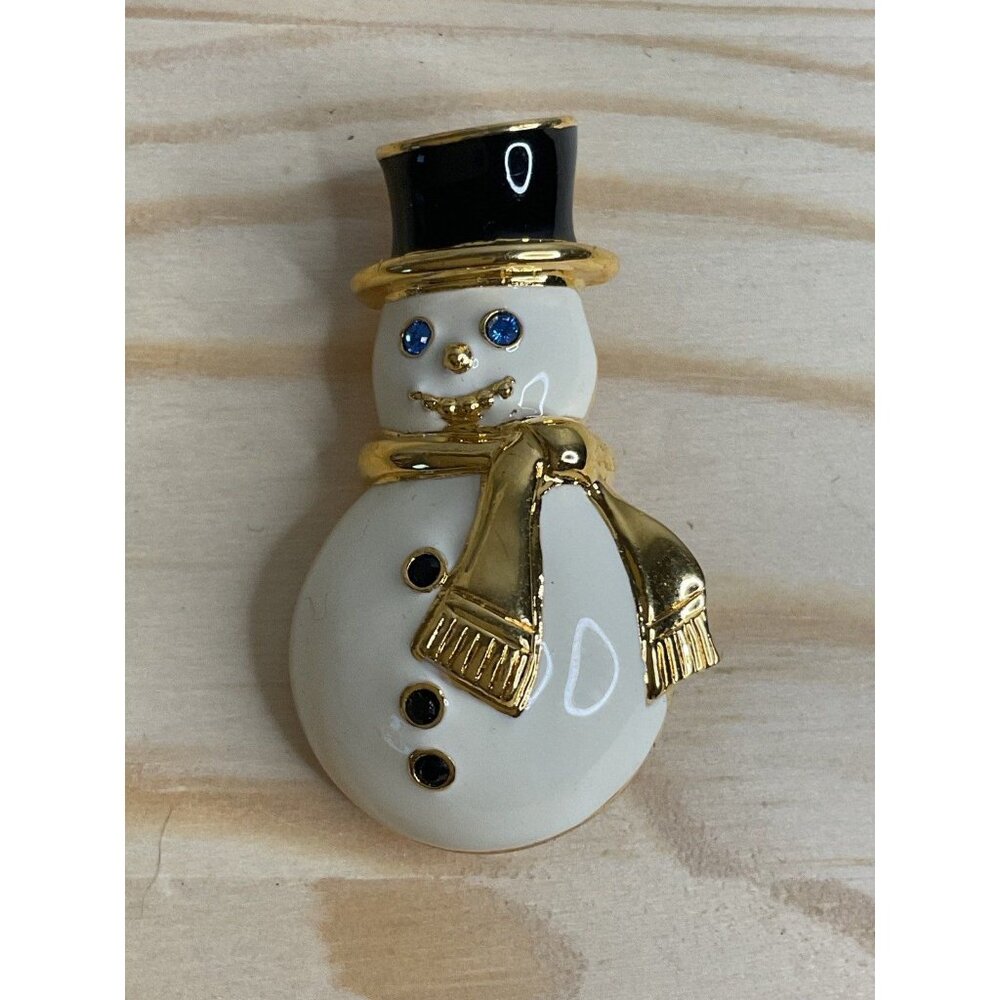 Monet Snowman Brooch Pin With Gold-Tone Accents Blue Rhinestone Eyes